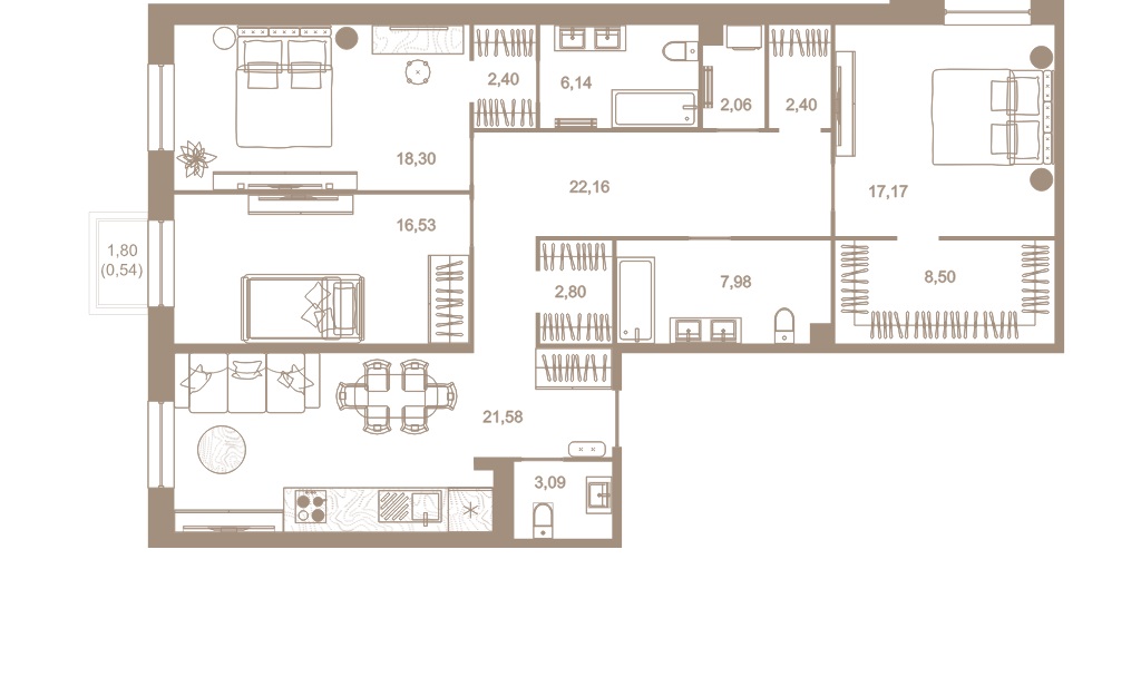 3-комнатная квартира  №216 в Северная корона Residence: 132.5 м², этаж 5 - купить в Санкт-Петербурге