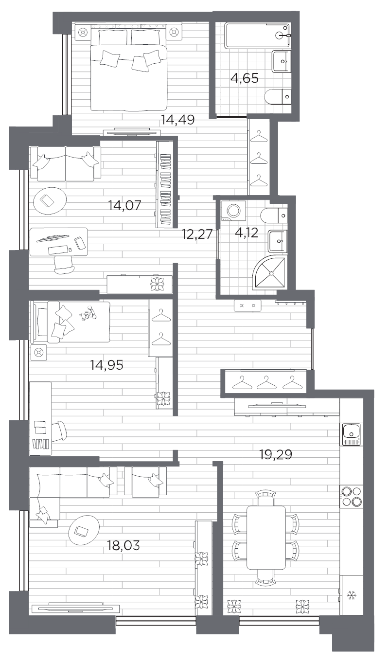 4-комнатная квартира №16-18 в: Галерная гавань: 101.87 м²; этаж: 8 - купить в Санкт-Петербурге