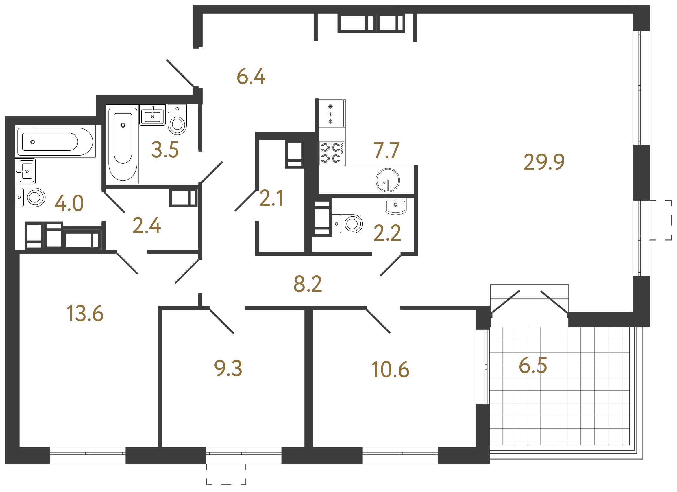 3-комнатная квартира  №161 в Струны: 99.9 м², этаж 22 - купить в Санкт-Петербурге