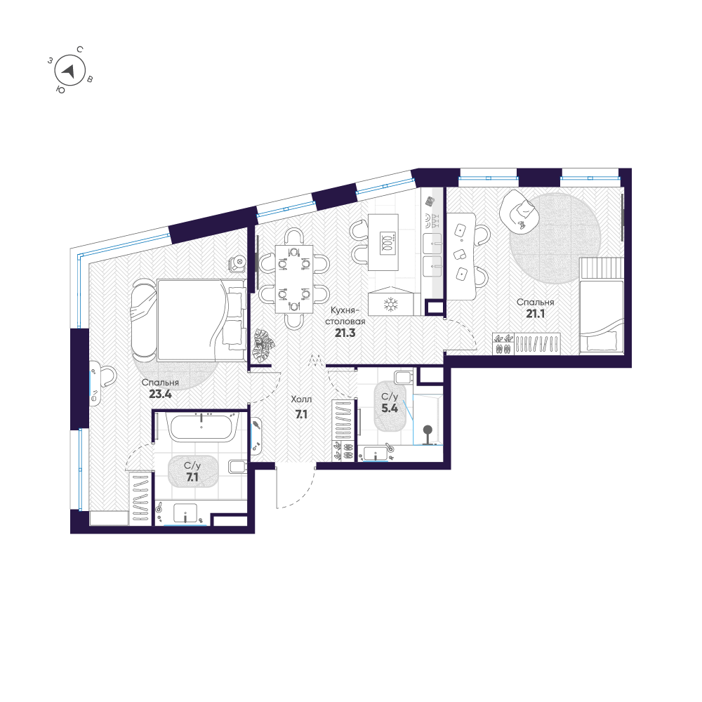 2-комнатная квартира, 85.4 м²; этаж: 5 - купить в Санкт-Петербурге