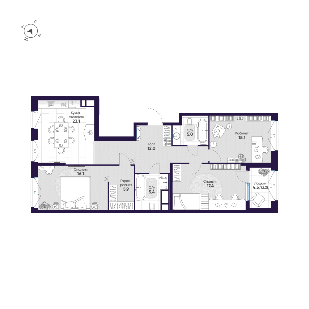 3-комнатная квартира, 102.3 м²; этаж: 6 - купить в Санкт-Петербурге