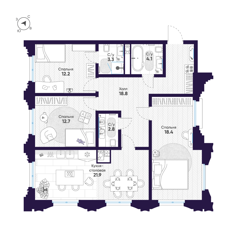 3-комнатная квартира  №69 в Мариинка Deluxe: 94.2 м², этаж 5 - купить в Санкт-Петербурге