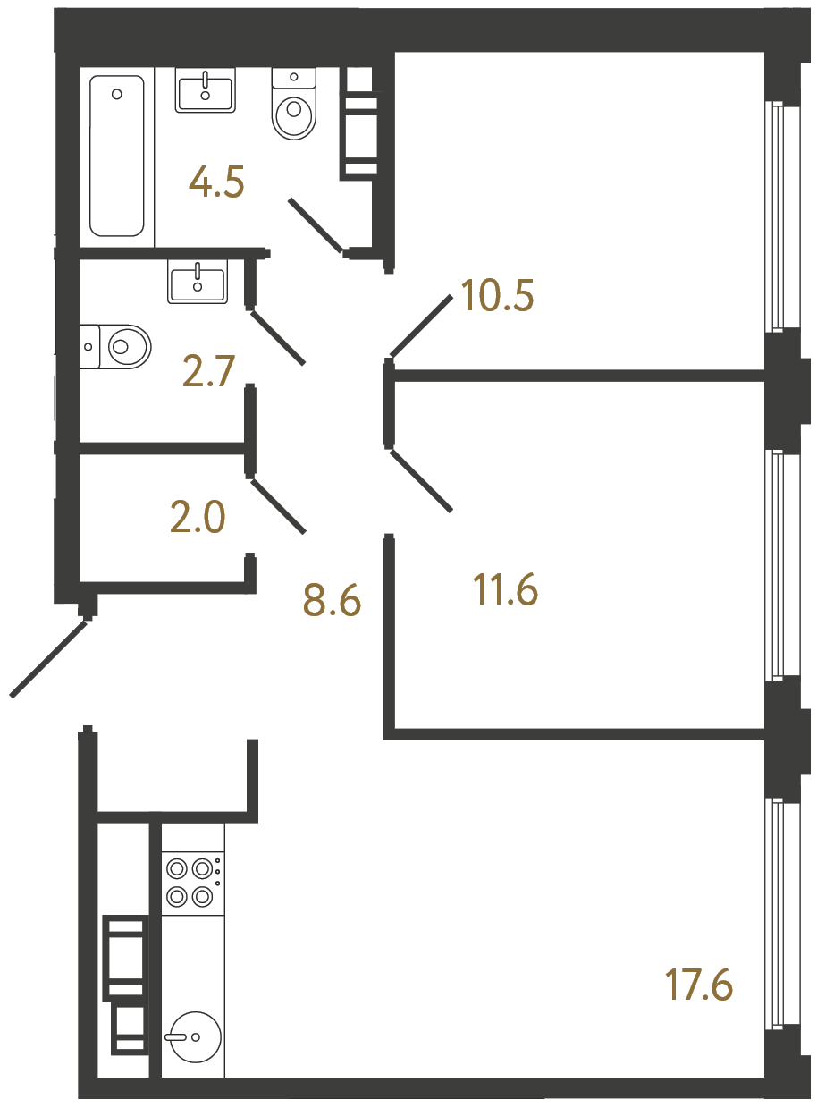2-комнатная квартира  №1028 в Гений: 57.5 м², этаж 13 - купить в Санкт-Петербурге