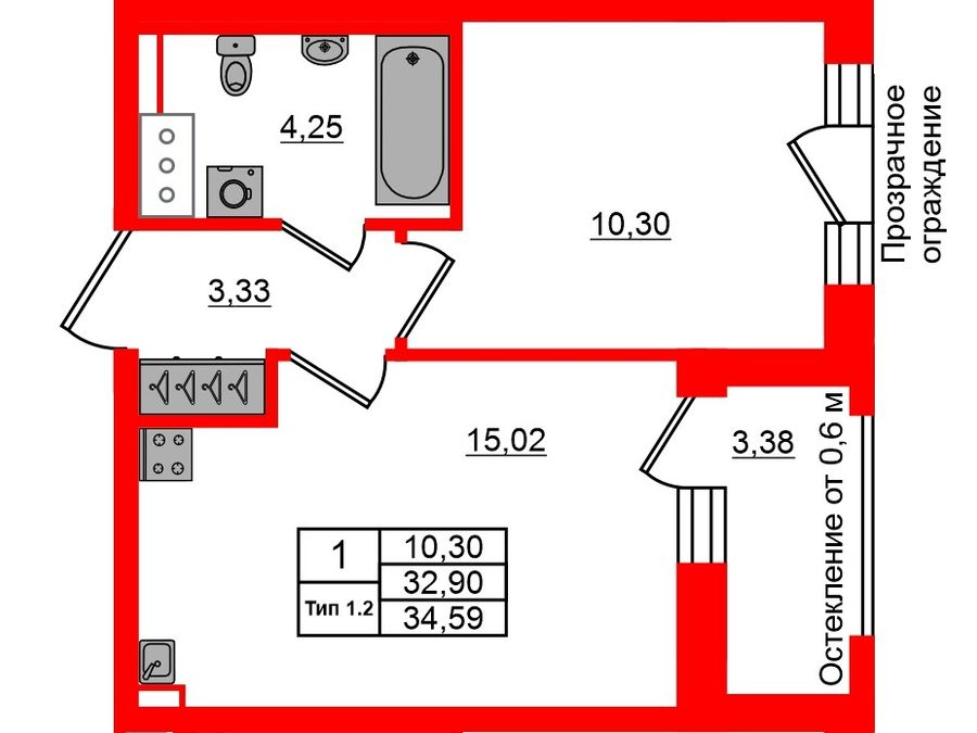 1-комнатная квартира, 32.9 м²; этаж: 12 - купить в Санкт-Петербурге
