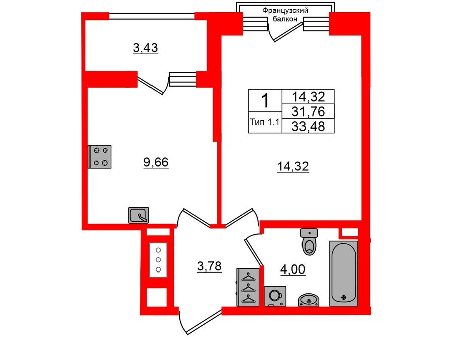 1-комнатная квартира, 31.76 м²; этаж: 6 - купить в Санкт-Петербурге