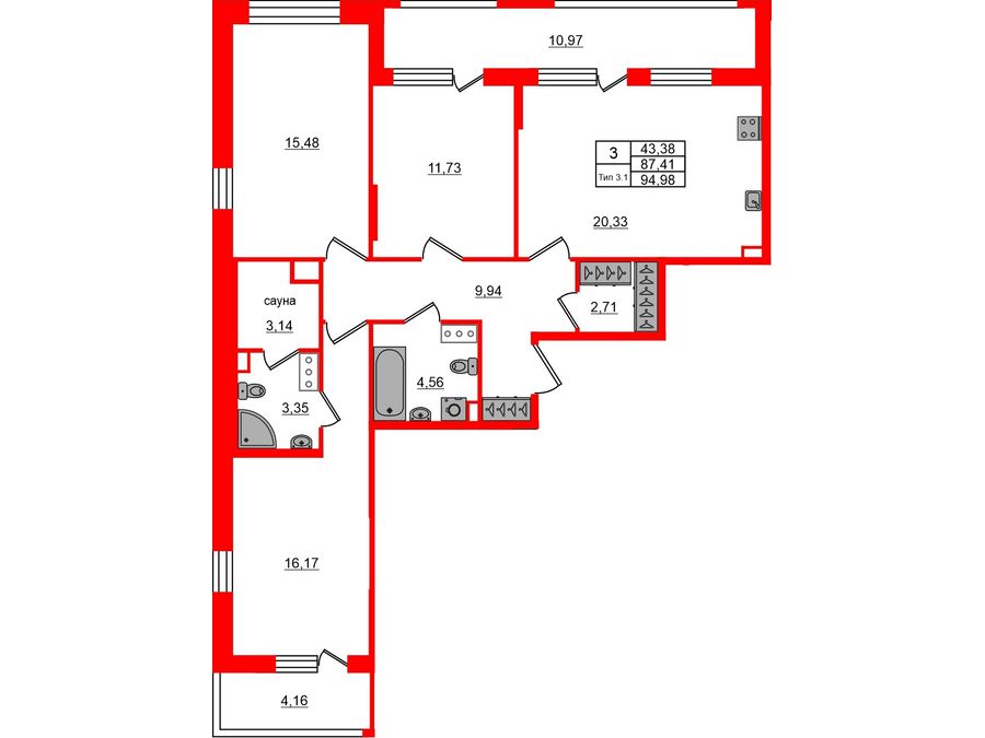 3-комнатная квартира, 87.41 м²; этаж: 2 - купить в Санкт-Петербурге