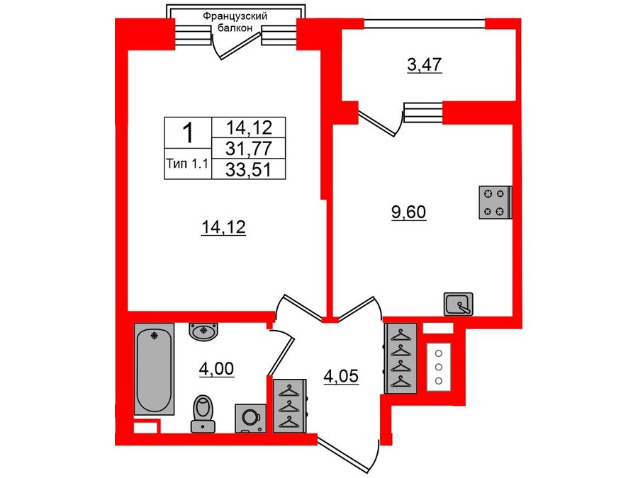1-комнатная квартира, 31.77 м²; этаж: 11 - купить в Санкт-Петербурге