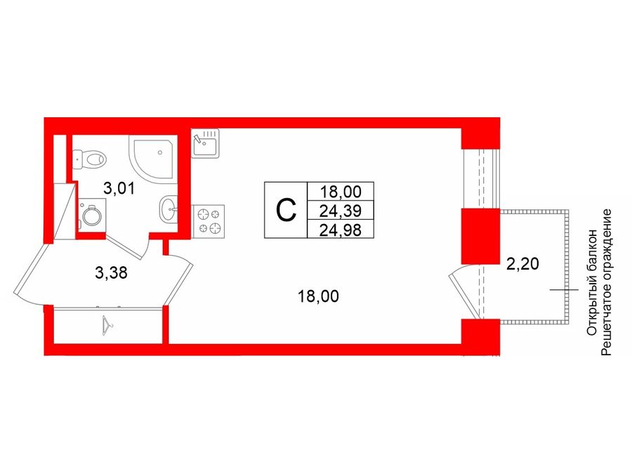 1-комнатная квартира, 24.39 м²; этаж: 4 - купить в Санкт-Петербурге
