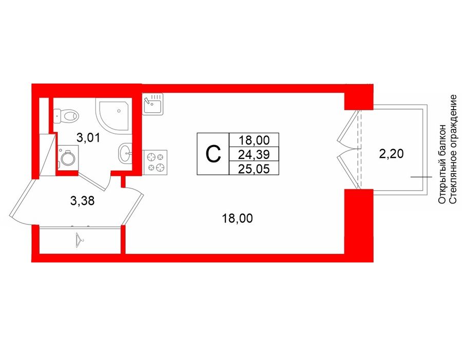 1-комнатная квартира, 24.39 м²; этаж: 7 - купить в Санкт-Петербурге