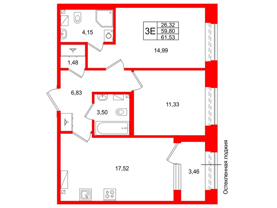 2-комнатная квартира, 59.8 м²; этаж: 8 - купить в Санкт-Петербурге