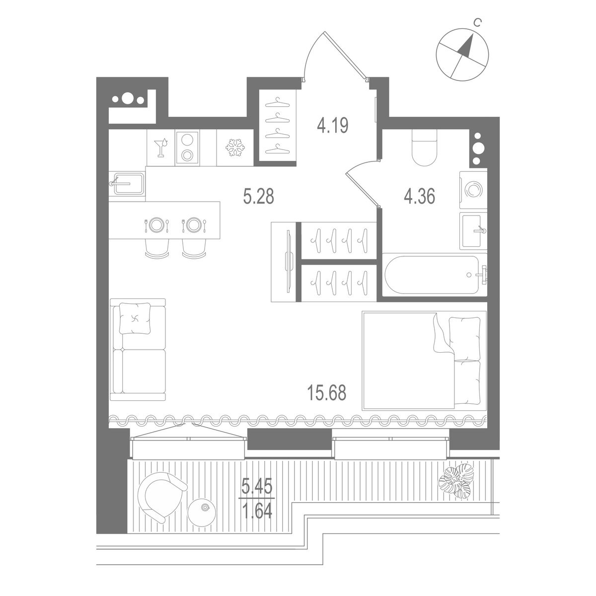 1-комнатная квартира  №414 в Остров Первых: 31.15 м², этаж 10 - купить в Санкт-Петербурге