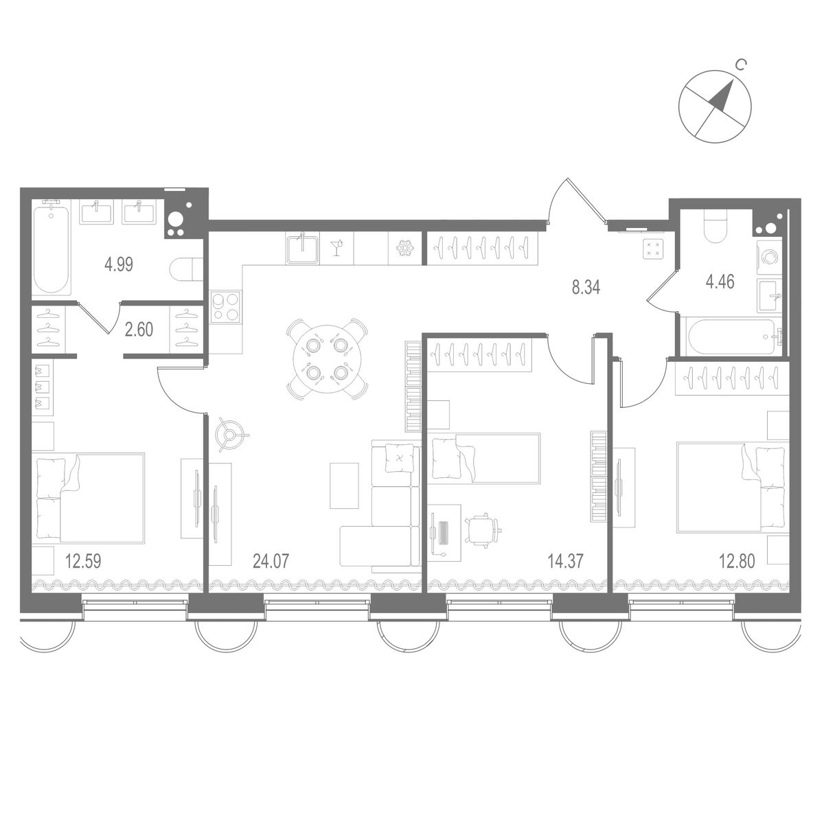 3-комнатная квартира, 84.22 м²; этаж: 8 - купить в Санкт-Петербурге
