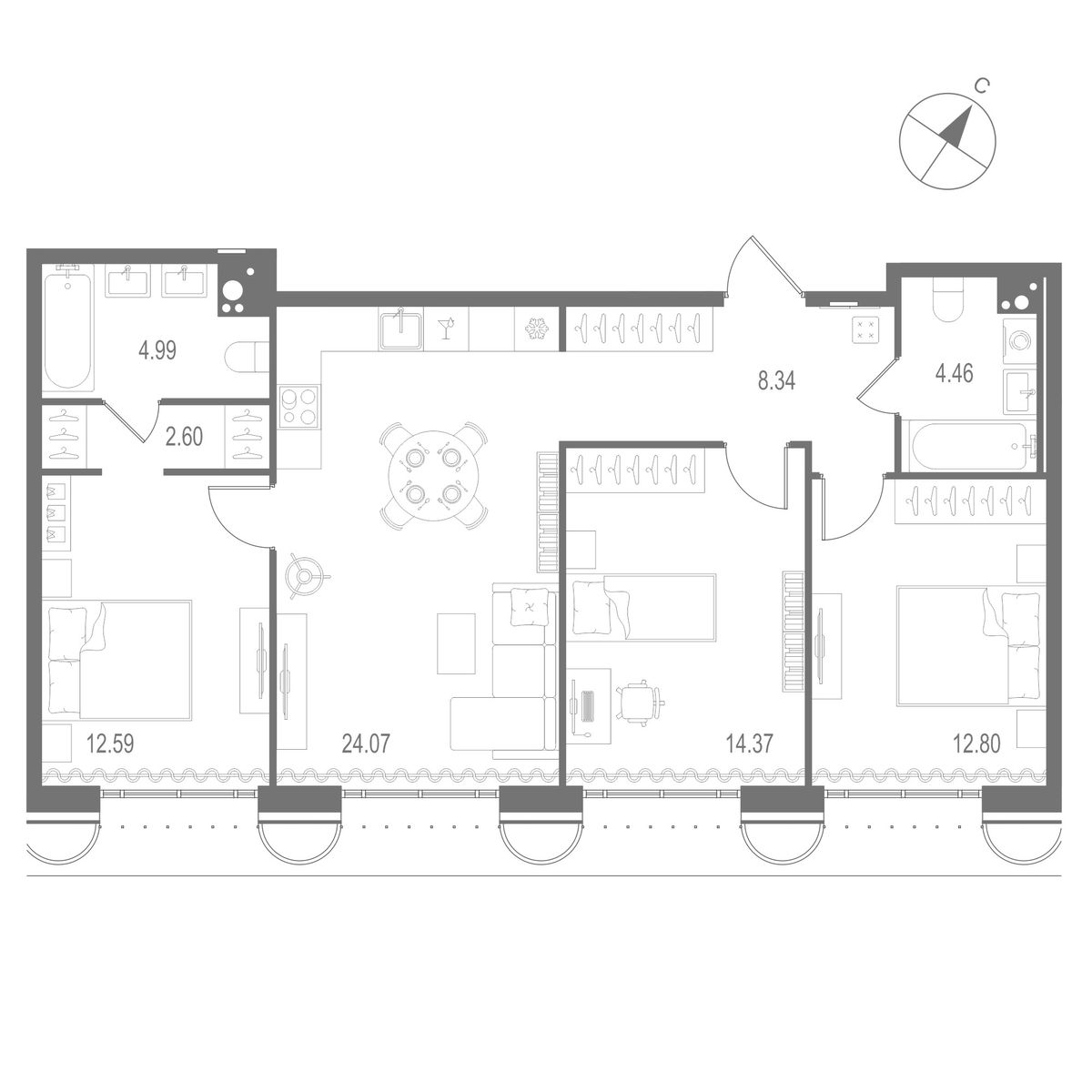 3-комнатная квартира, 84.22 м²; этаж: 9 - купить в Санкт-Петербурге