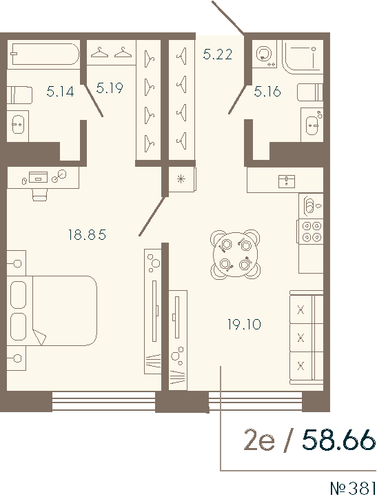 1-комнатная квартира  №381 в 17/33 Петровский остров: 58.66 м², этаж 5 - купить в Санкт-Петербурге