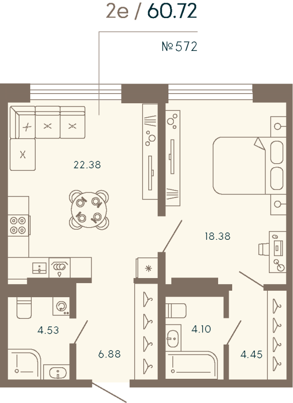 1-комнатная квартира  №572 в 17/33 Петровский остров: 60.72 м², этаж 8 - купить в Санкт-Петербурге
