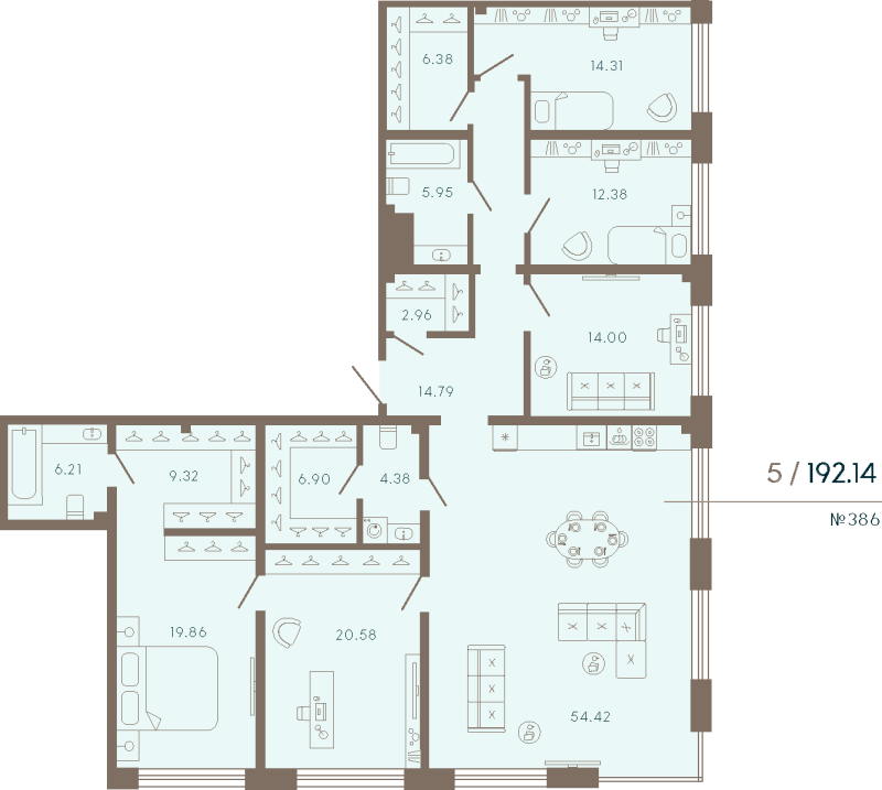 5-комнатная квартира  №385 в 17/33 Петровский остров: 192.14 м², этаж 5 - купить в Санкт-Петербурге