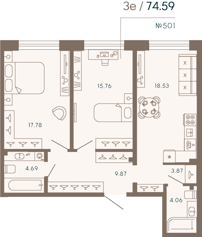 2-комнатная квартира  №501 в 17/33 Петровский остров: 74.59 м², этаж 4 - купить в Санкт-Петербурге