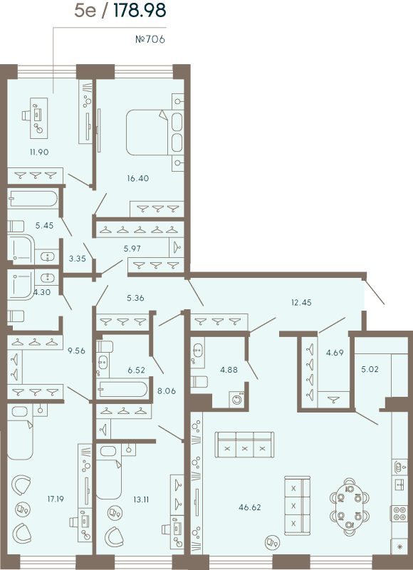4-комнатная квартира  №706 в 17/33 Петровский остров: 178.98 м², этаж 3 - купить в Санкт-Петербурге