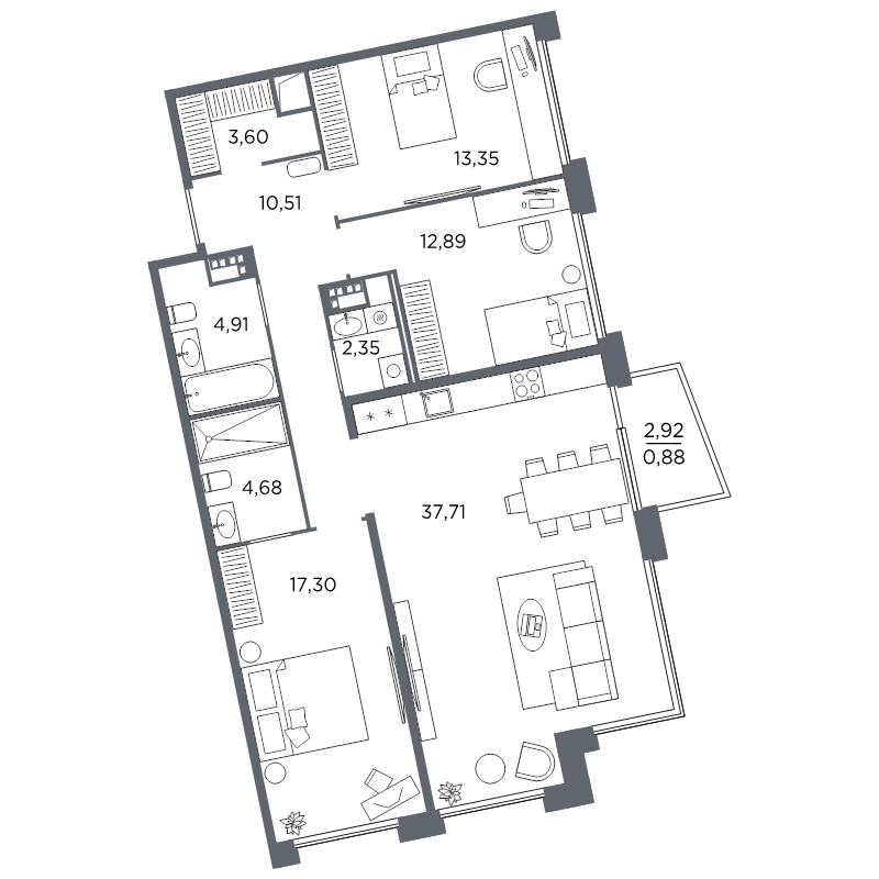 3-комнатная квартира №61 в: Акватория: 108.18 м²; этаж: 7 - купить в Санкт-Петербурге