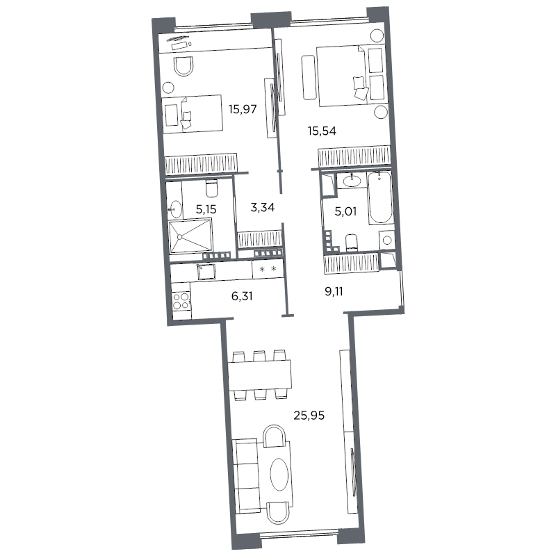 2-комнатная квартира №61 в: Акватория: 86.38 м²; этаж: 7 - купить в Санкт-Петербурге
