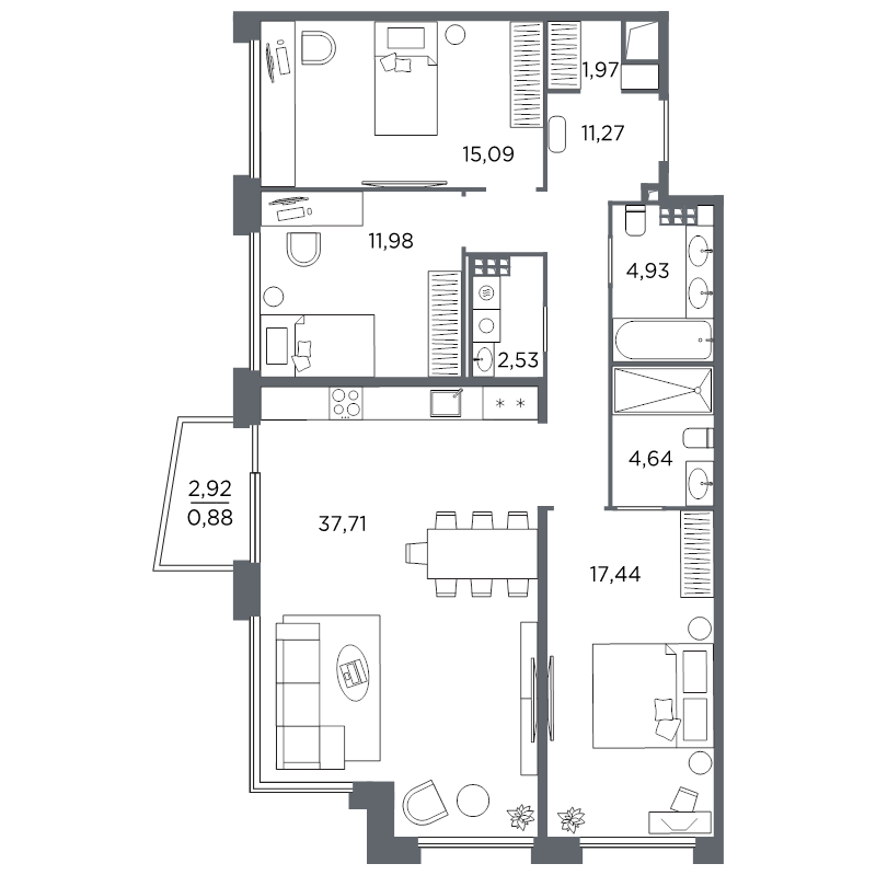 3-комнатная квартира №61 в: Акватория: 108.44 м²; этаж: 7 - купить в Санкт-Петербурге