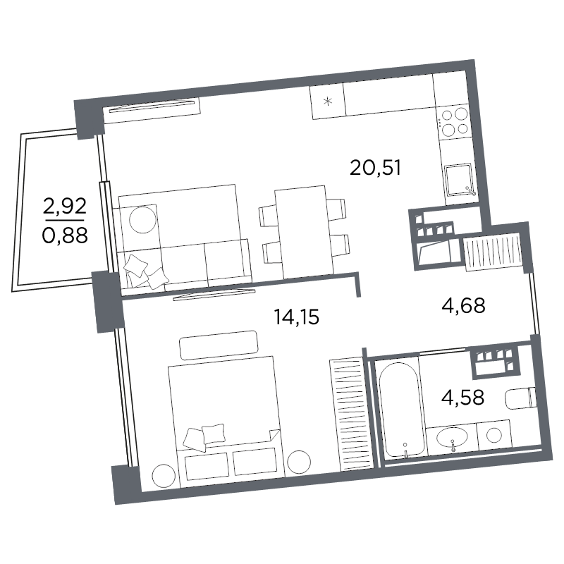 1-комнатная квартира №61 в: Акватория: 44.8 м²; этаж: 7 - купить в Санкт-Петербурге