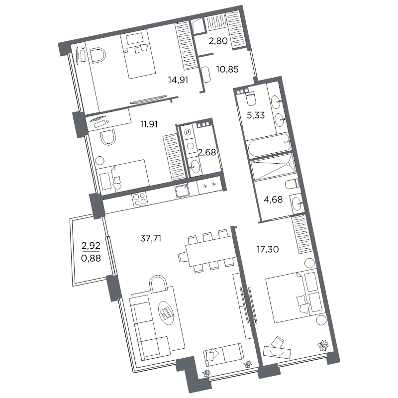 3-комнатная квартира №61 в: Акватория: 109.01 м²; этаж: 5 - купить в Санкт-Петербурге