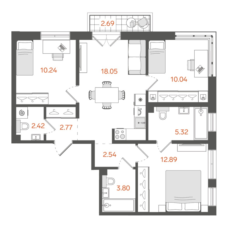 3-комнатная квартира, 68.88 м²; этаж: 2 - купить в Санкт-Петербурге
