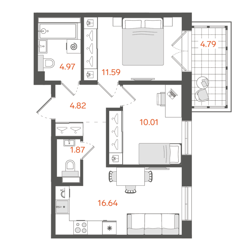 2-комнатная квартира, 50.97 м²; этаж: 8 - купить в Санкт-Петербурге