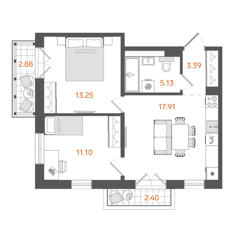 2-комнатная квартира, 52.36 м²; этаж: 2 - купить в Санкт-Петербурге