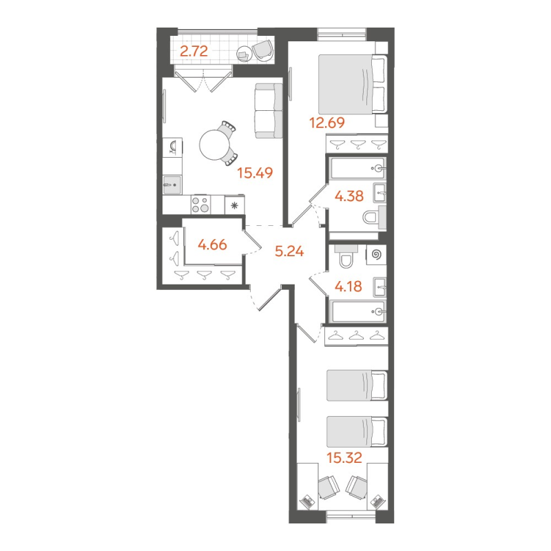 2-комнатная квартира, 63.25 м²; этаж: 3 - купить в Санкт-Петербурге