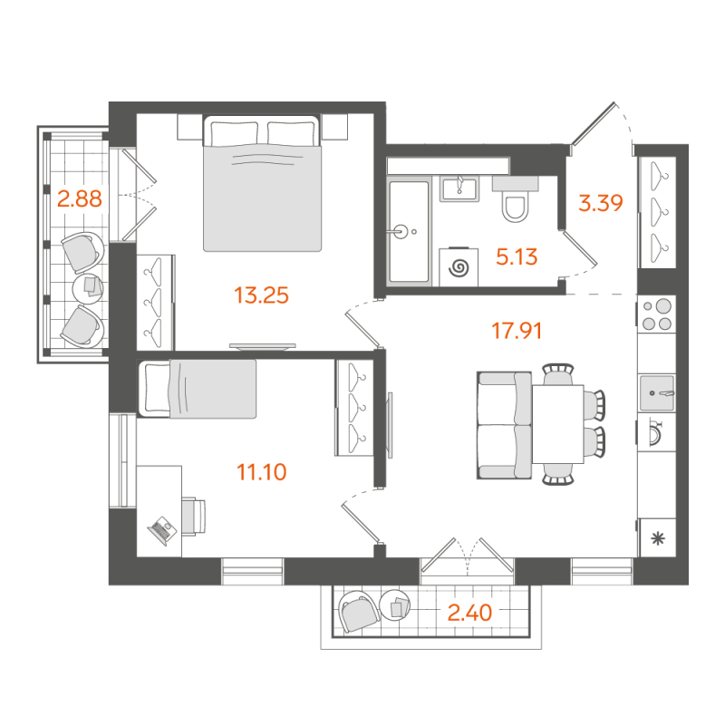 2-комнатная квартира, 51.92 м²; этаж: 9 - купить в Санкт-Петербурге