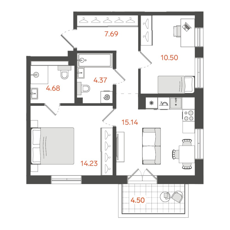 2-комнатная квартира, 57.96 м²; этаж: 2 - купить в Санкт-Петербурге