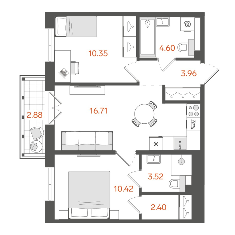 2-комнатная квартира, 52.82 м²; этаж: 2 - купить в Санкт-Петербурге
