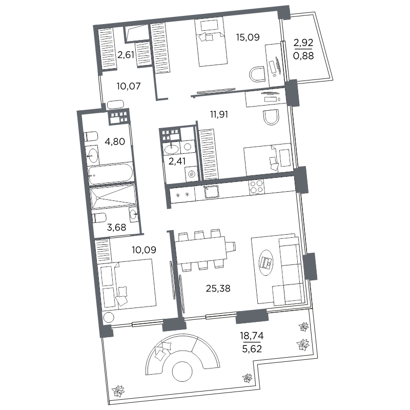 3-комнатная квартира №61 в: Акватория: 92.54 м²; этаж: 8 - купить в Санкт-Петербурге