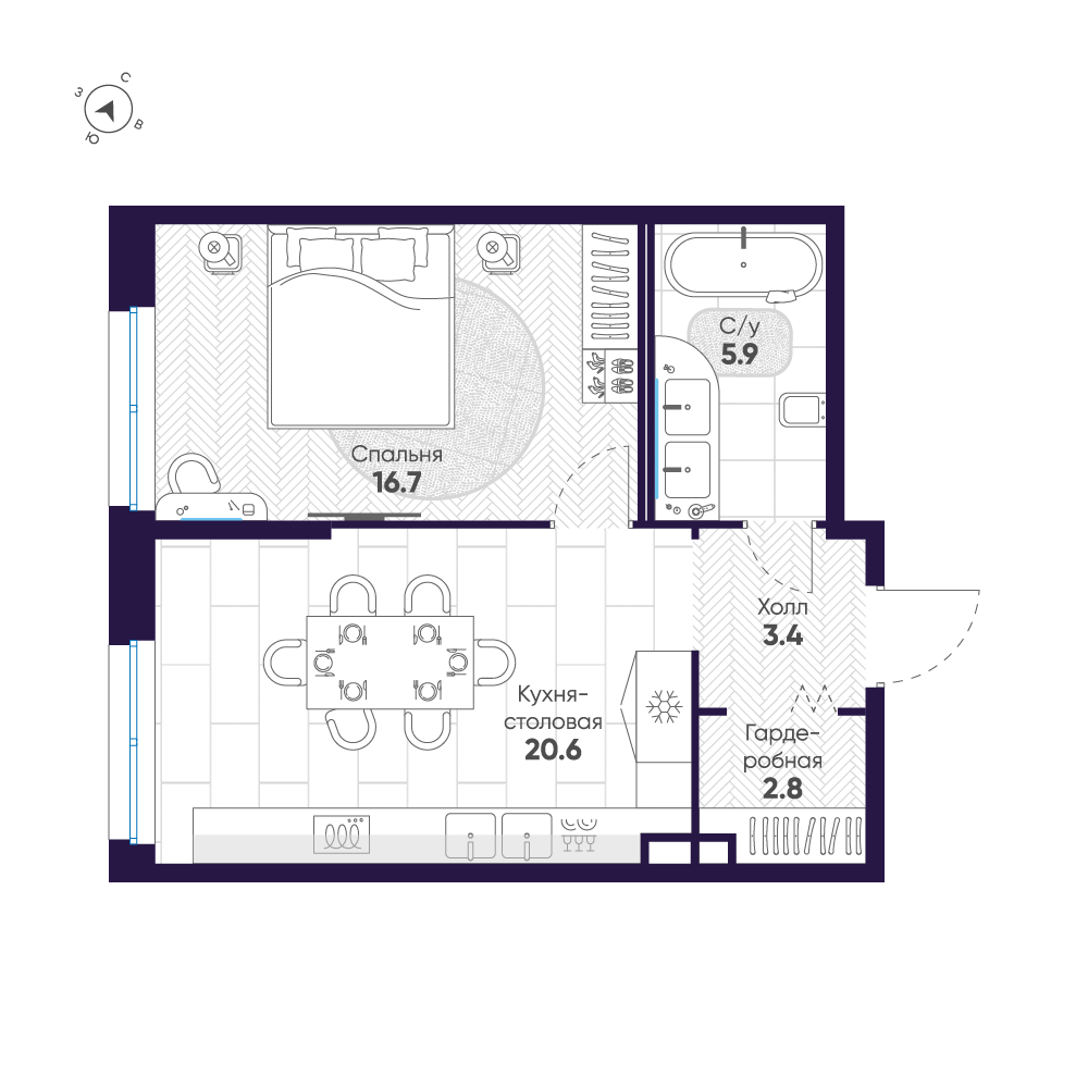 1-комнатная квартира  №337 в ЛДМ: 49.4 м², этаж 3 - купить в Санкт-Петербурге