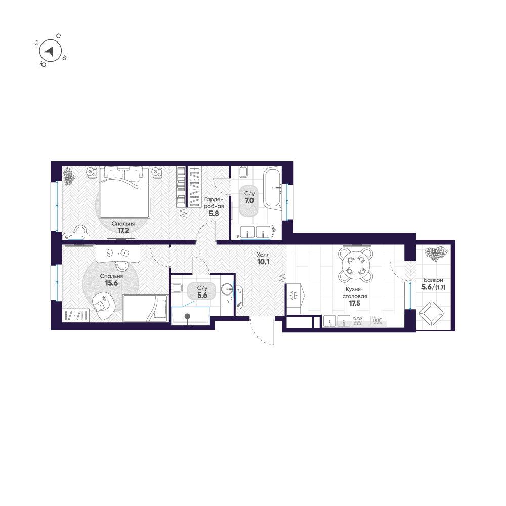 2-комнатная квартира  №184 в ЛДМ: 80.5 м², этаж 9 - купить в Санкт-Петербурге