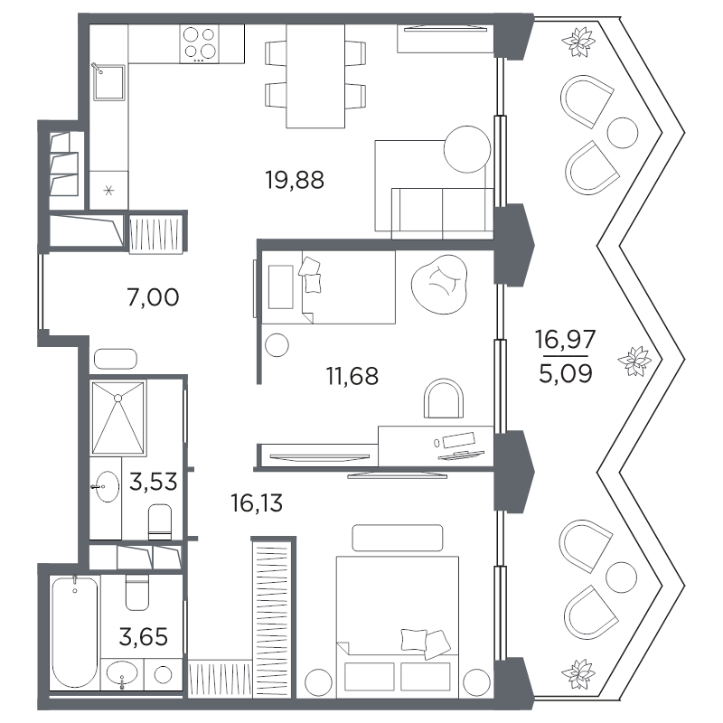 2-комнатная квартира №61 в: Акватория: 66.96 м²; этаж: 9 - купить в Санкт-Петербурге