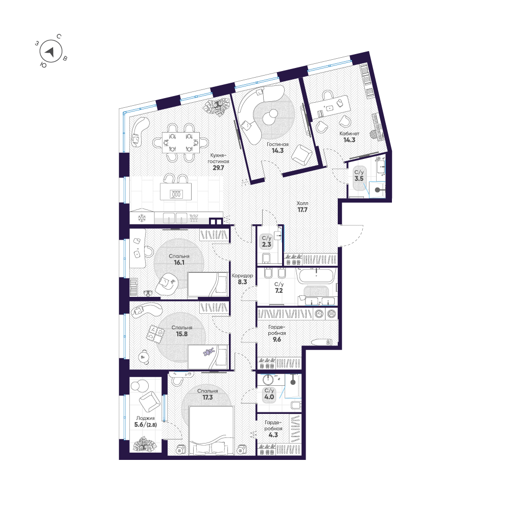 5-комнатная квартира  №43 в ЛДМ: 167.2 м², этаж 3 - купить в Санкт-Петербурге