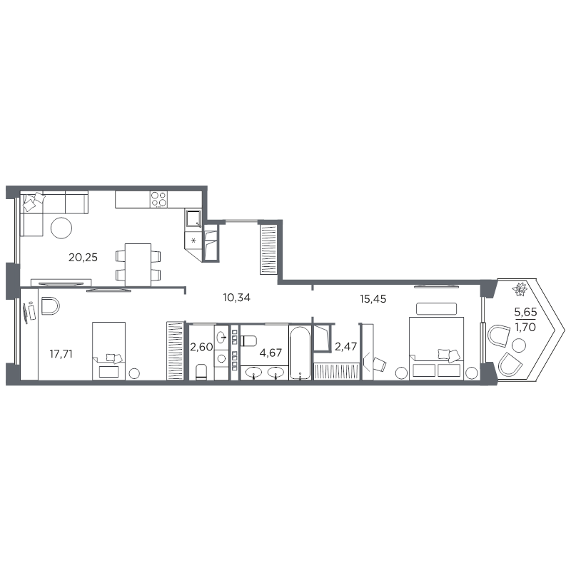 2-комнатная квартира №61 в: Акватория: 75.19 м²; этаж: 9 - купить в Санкт-Петербурге