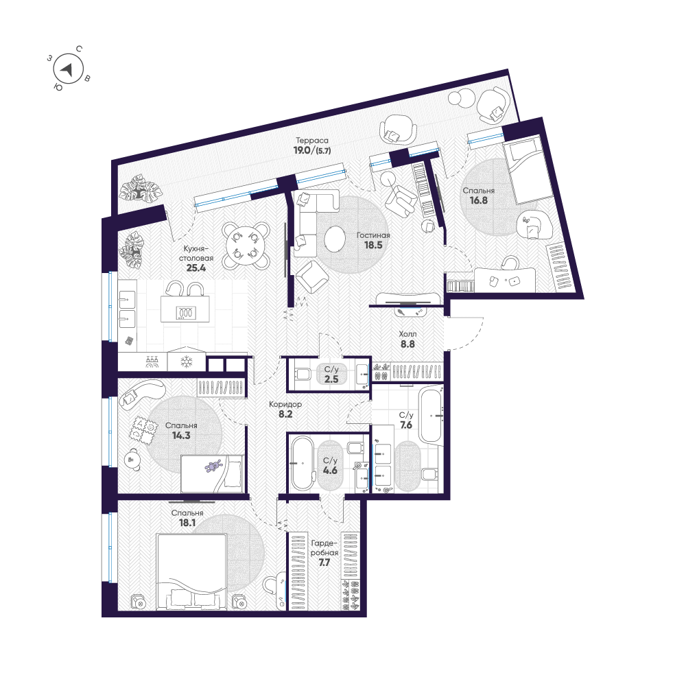 4-комнатная квартира  №36 в ЛДМ: 138.2 м², этаж 8 - купить в Санкт-Петербурге