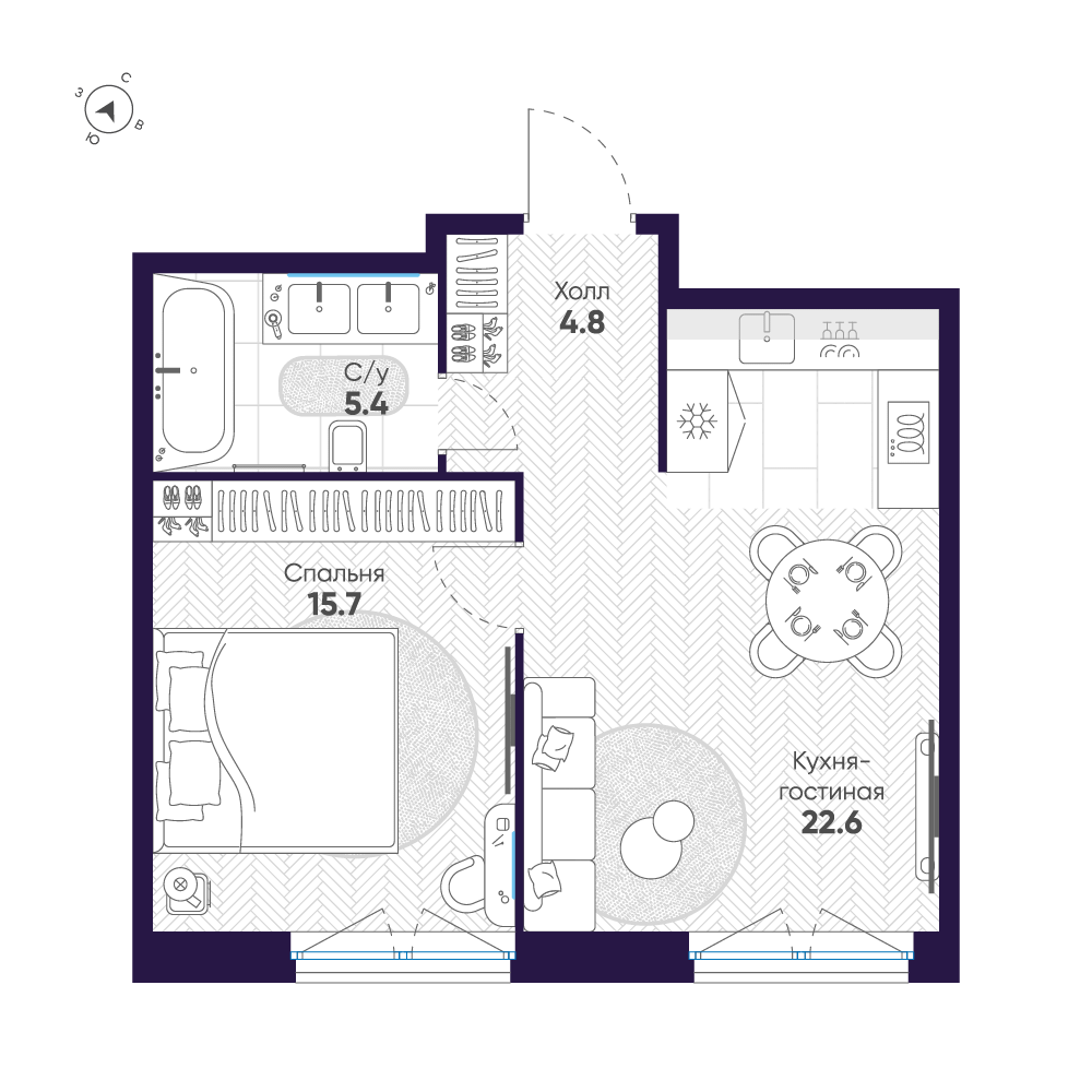 1-комнатная квартира  №387 в ЛДМ: 48.5 м², этаж 2 - купить в Санкт-Петербурге