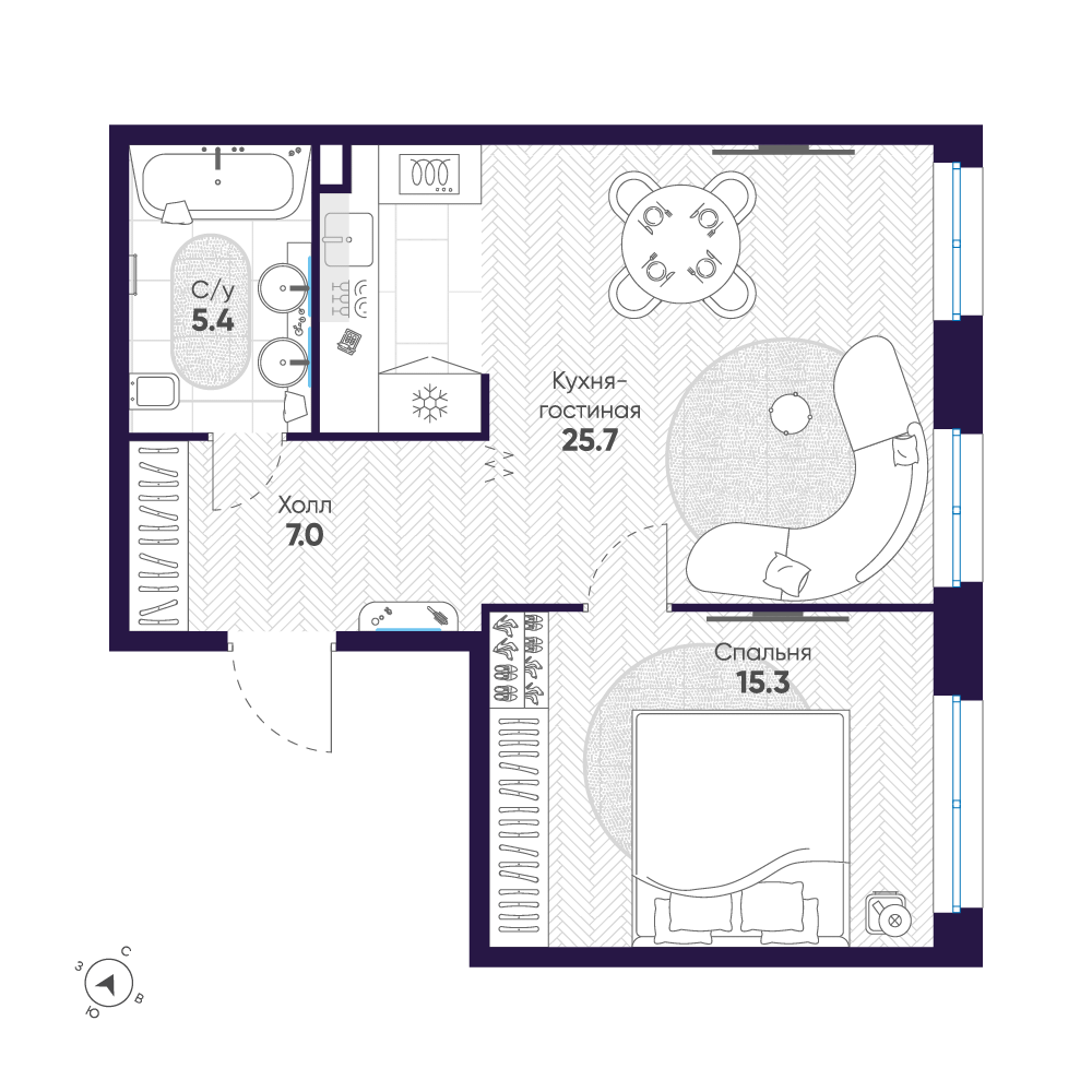 1-комнатная квартира  №14 в ЛДМ: 53.4 м², этаж 5 - купить в Санкт-Петербурге