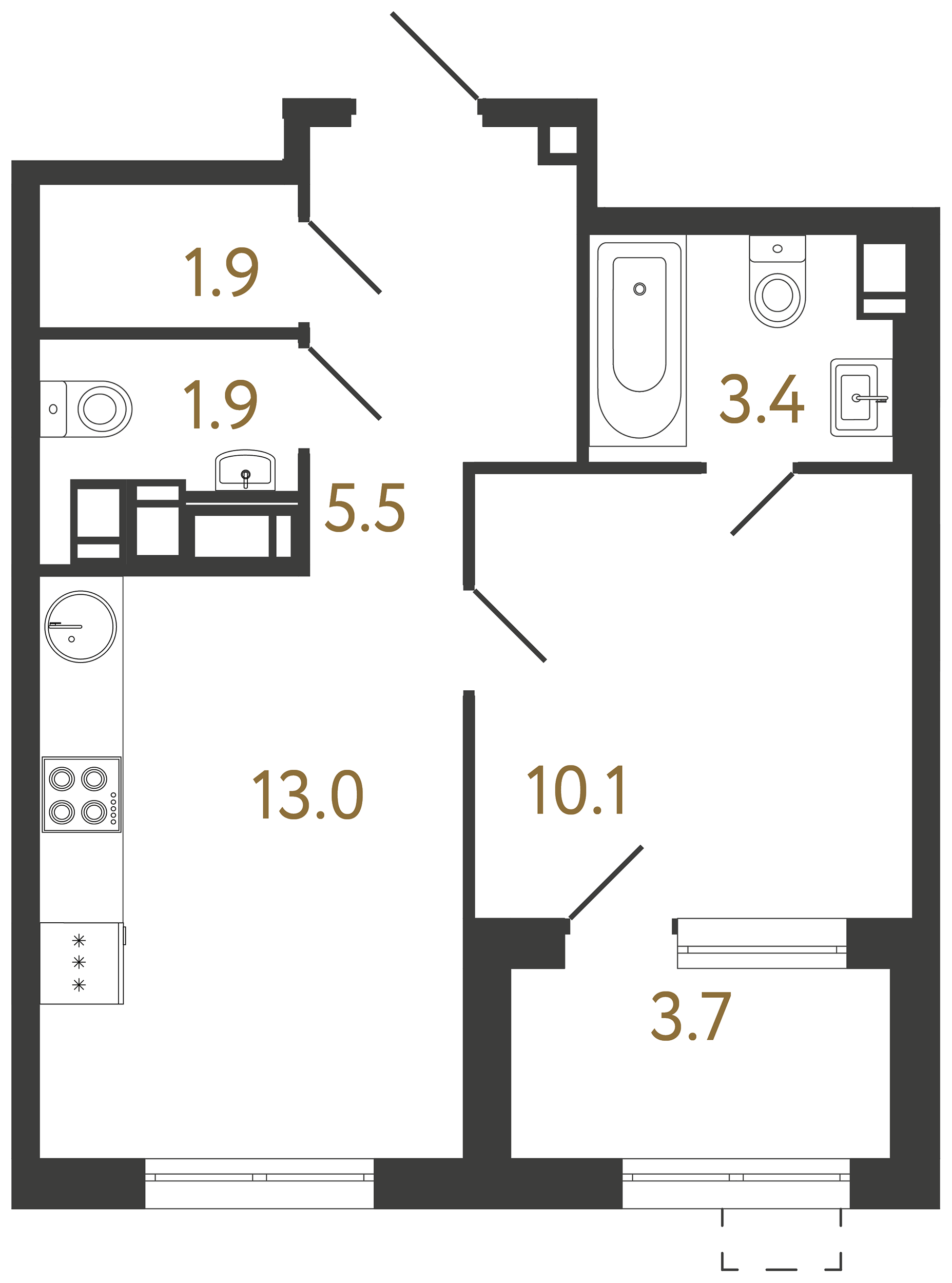 1-комнатная квартира  №11 в Струны: 35.8 м², этаж 3 - купить в Санкт-Петербурге