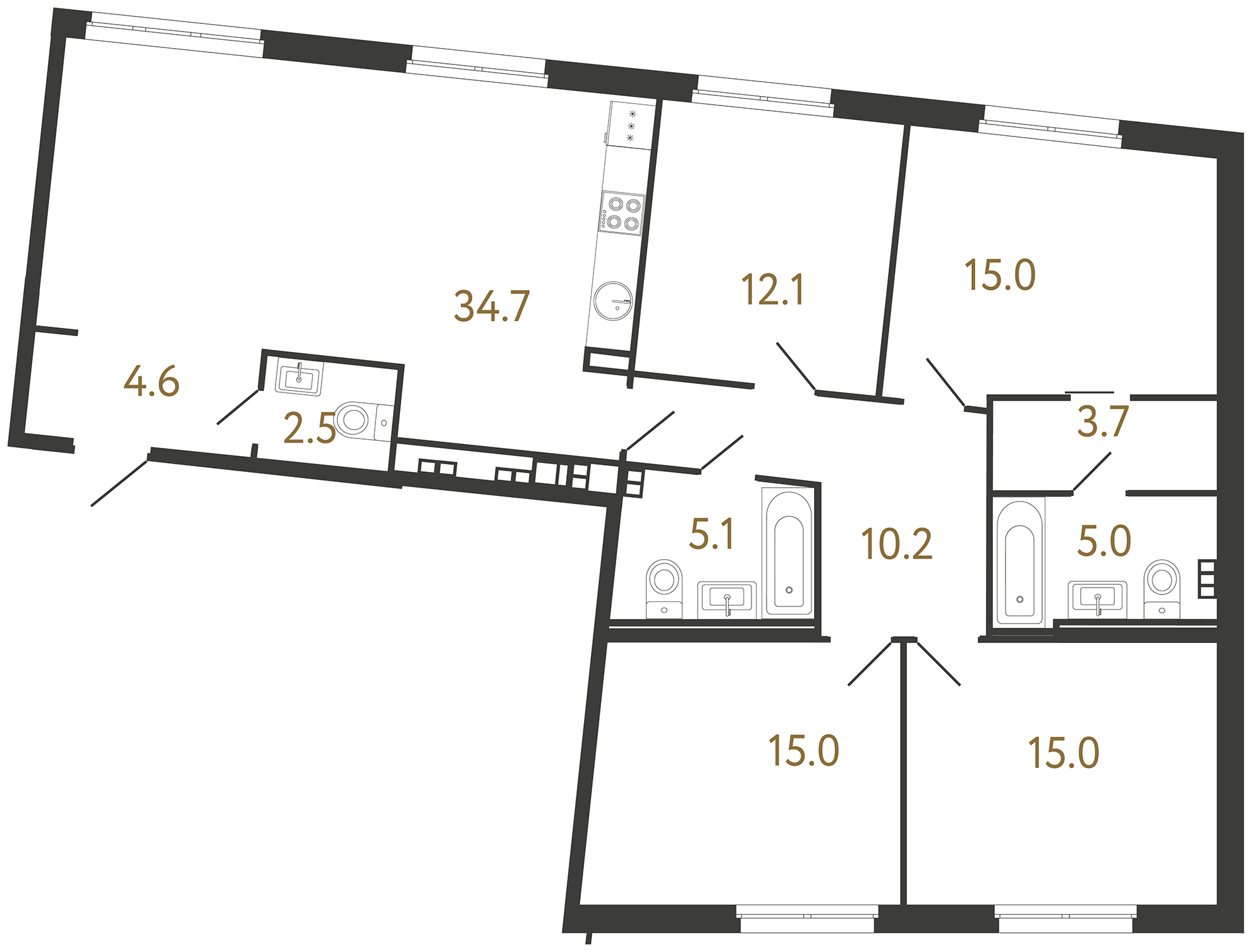 4-комнатная квартира  №153 в Визионер: 122.9 м², этаж 4 - купить в Санкт-Петербурге