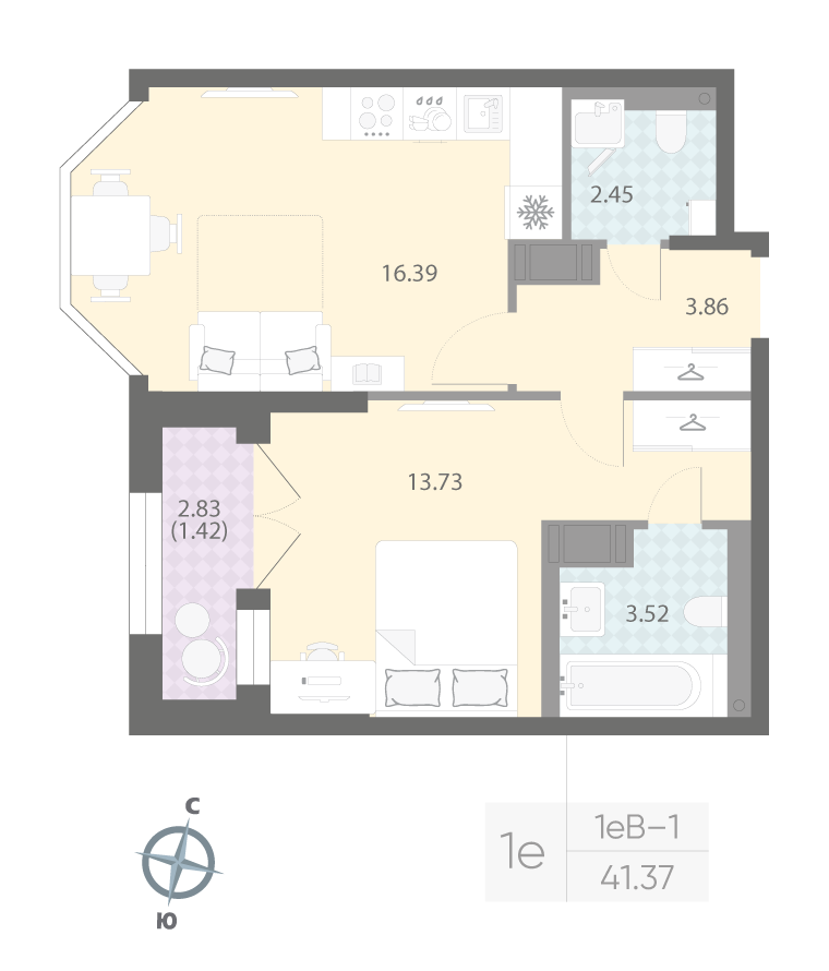 1-комнатная квартира  №37 в Цивилизация на Неве: 41.37 м², этаж 8 - купить в Санкт-Петербурге