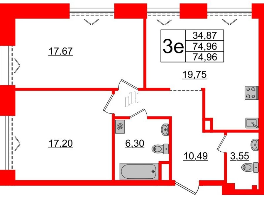 2-комнатная квартира, 74.96 м²; этаж: 4 - купить в Санкт-Петербурге