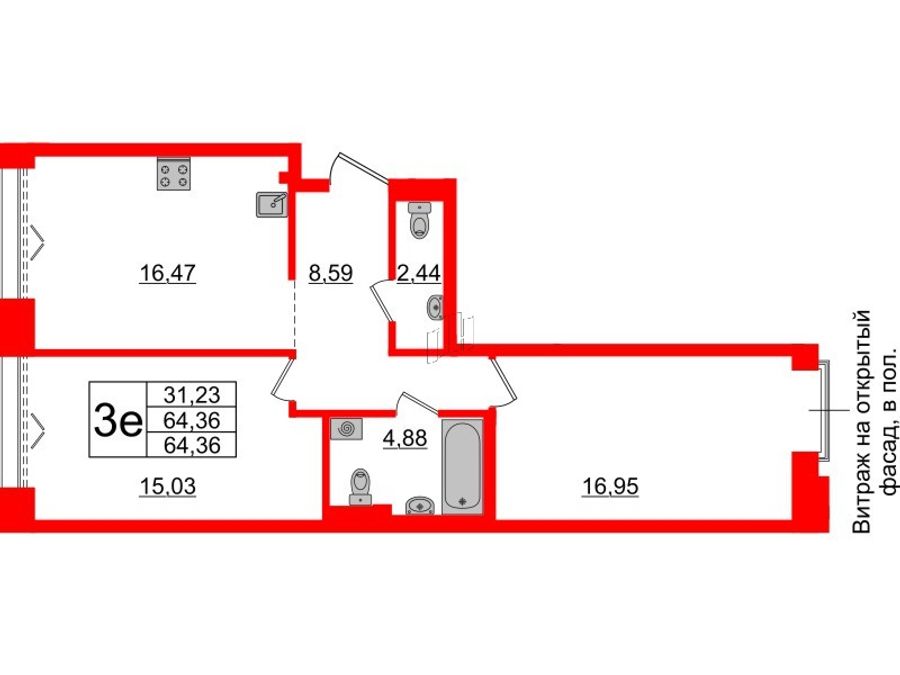2-комнатная квартира, 64.36 м²; этаж: 3 - купить в Санкт-Петербурге