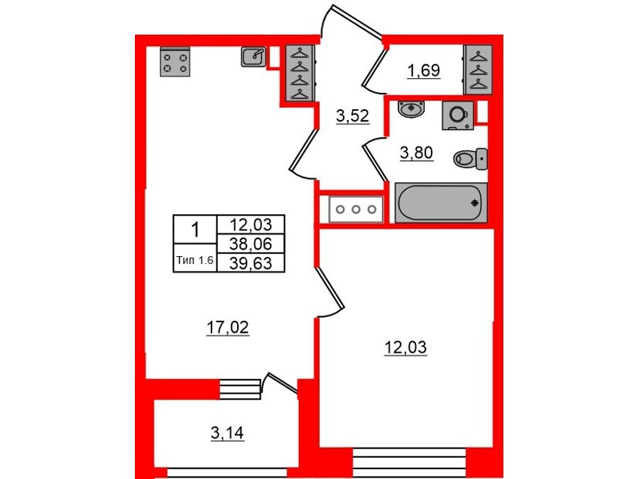 1-комнатная квартира, 38.06 м²; этаж: 10 - купить в Санкт-Петербурге