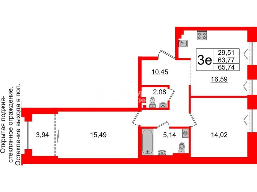 2-комнатная квартира, 63.77 м²; этаж: 4 - купить в Санкт-Петербурге